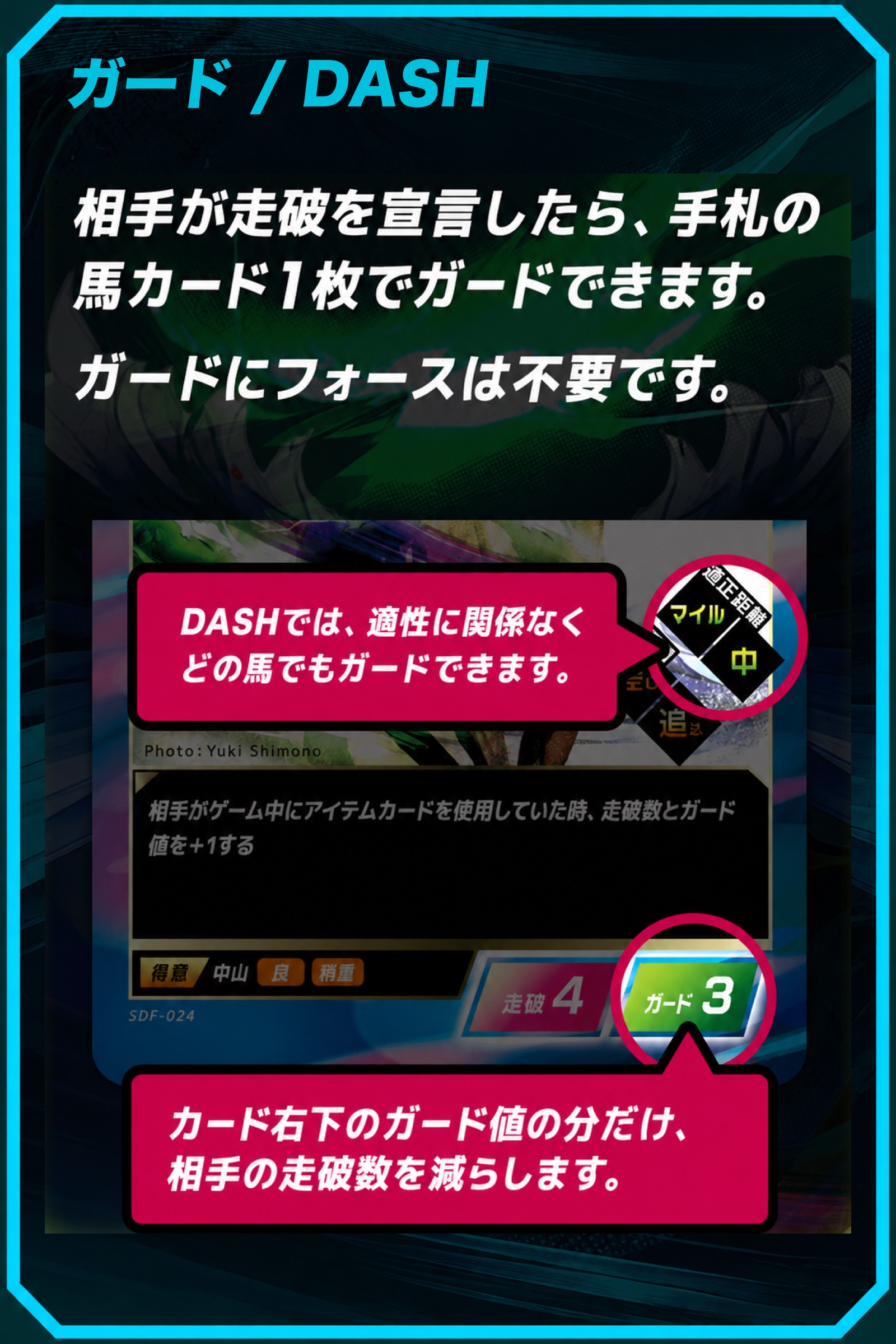 適性に関係なく手札の馬でガード。フォース不要